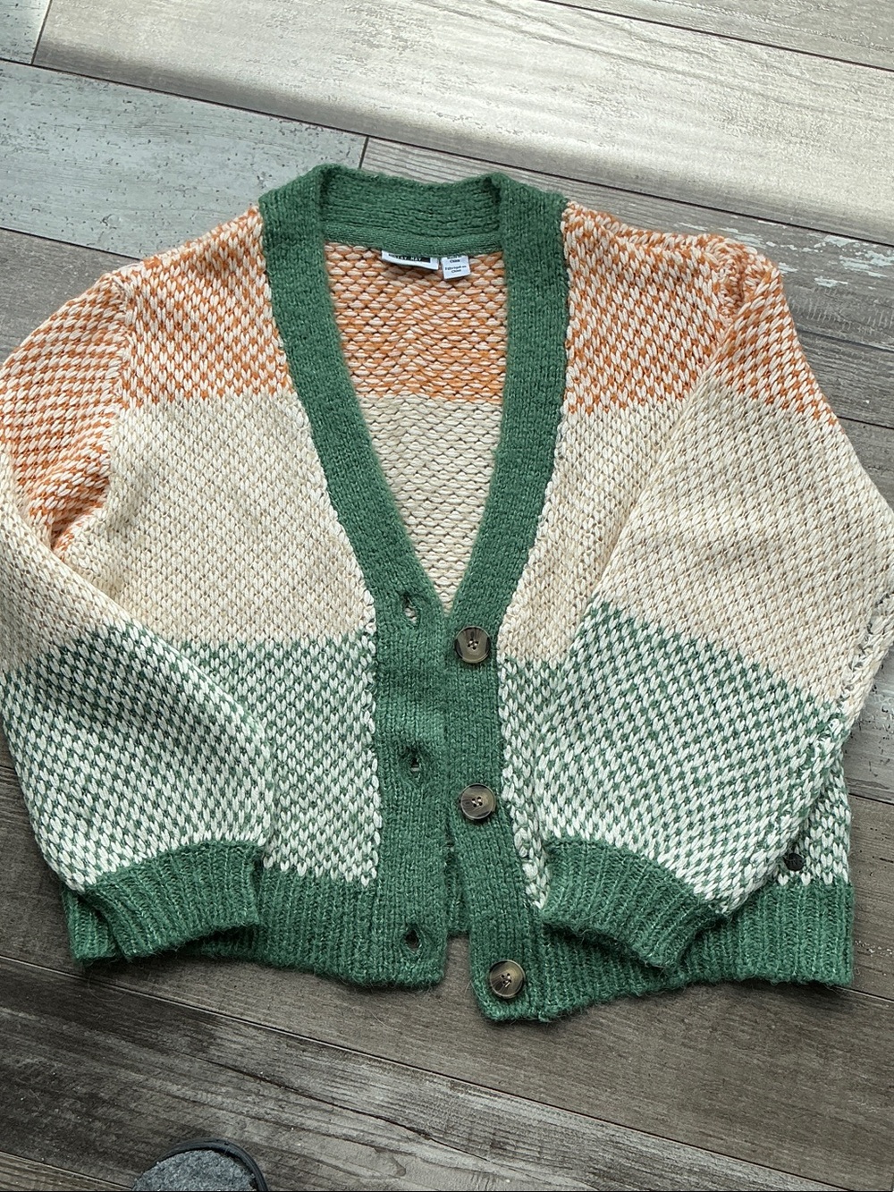 Striped Knit Cardigan Sweater in Green, Cream & Orange L